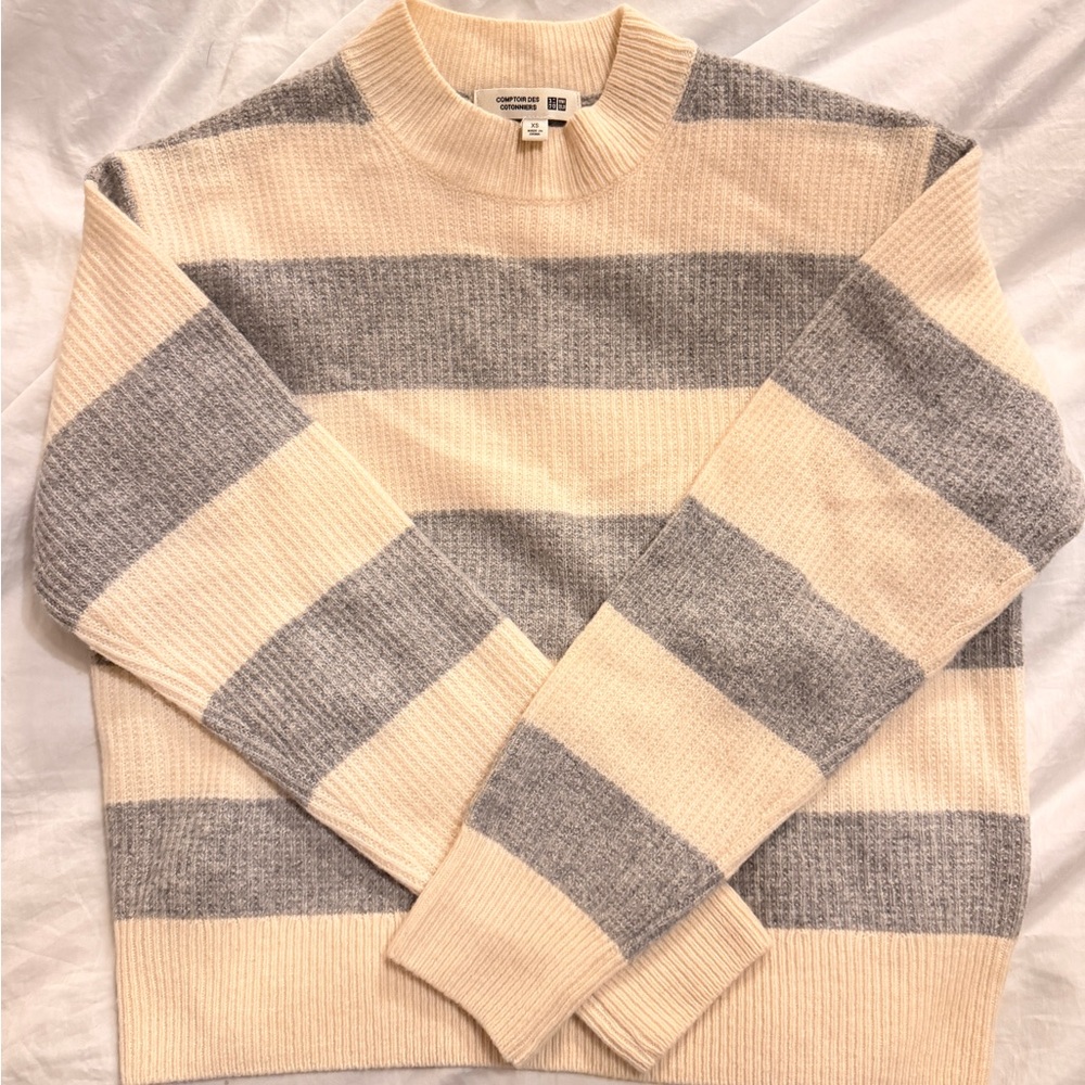 Comptoir Des Cotonniers x Uniqlo Cream and Gray Wool Striped Mockneck Sweater